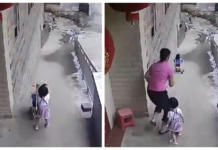 Una niña empuja el carro de su hermanito por una pendiente ante el desespero de su madre