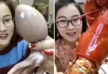 Una joven asiática causa revuelo al comer animales marinos de una manera insólita