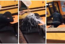 Indignante momento en que echan una jarra de agua a un sin techo para que se fuera del local