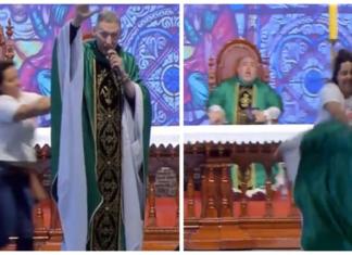 Una mujer sube al altar para empujar a un aclamado cura al vacío