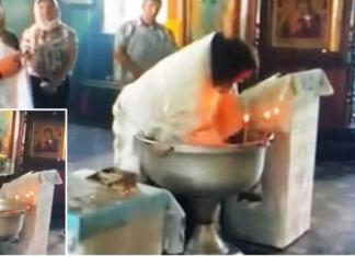Un cura agita bruscamente a un bebé e intenta ahogarlo durante su bautizo